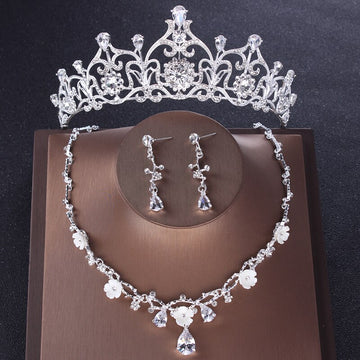 Zircon Princess Bride Jewelry Set Wedding Cubic Zircon Crown Necklace and Earrings Set Bridal Tiara Necklace Set Hair Accessory daiiibabyyy